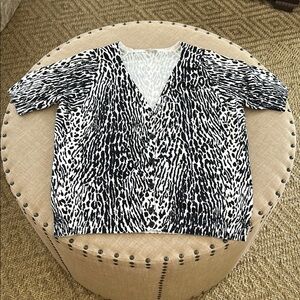 Talbots Black and White Print Short Sleeve Cotton Cardigan